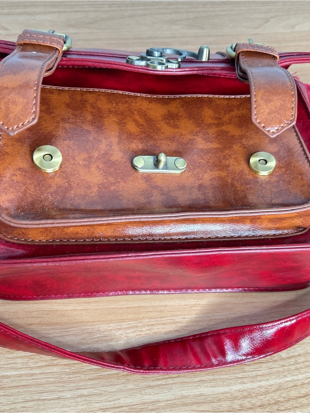 Red and Brown Purse Ecosusi Bag Faux Leather Rectangle Satchel with Buckles - Picture 8 of 16